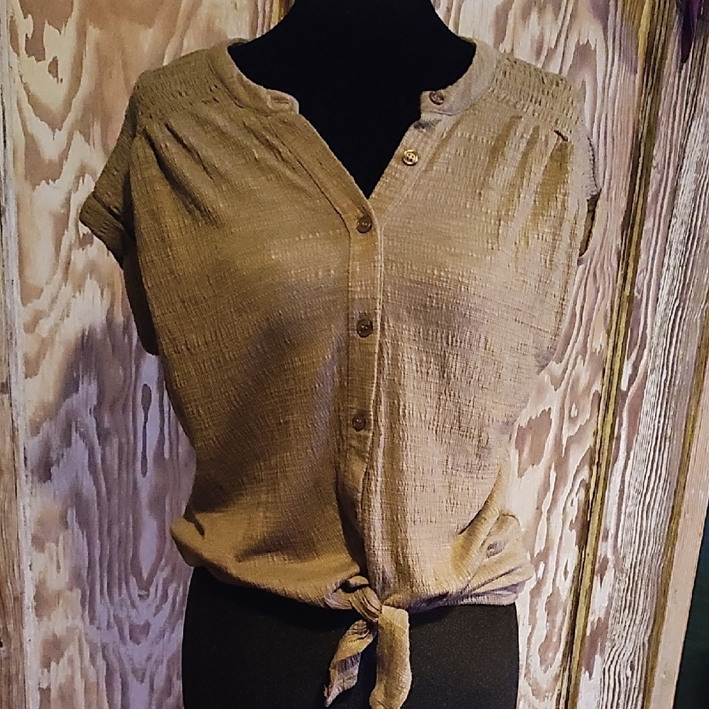 Cable & Gauge Taupe Button-Down Tie Front Summer Shirt - Picture 5 of 5